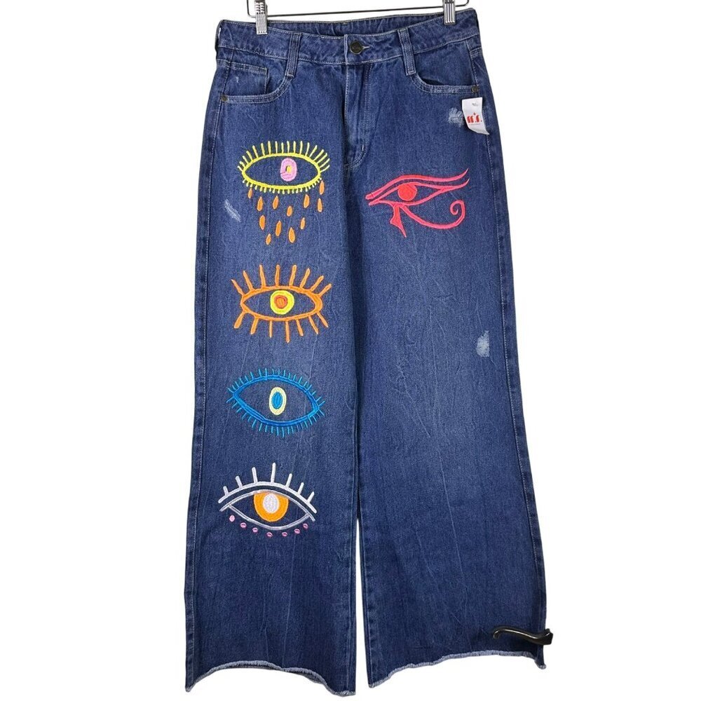 Wide Leg Denim Jeans With‎ Vibrant Eye Embroidery Distressed Details Size 12